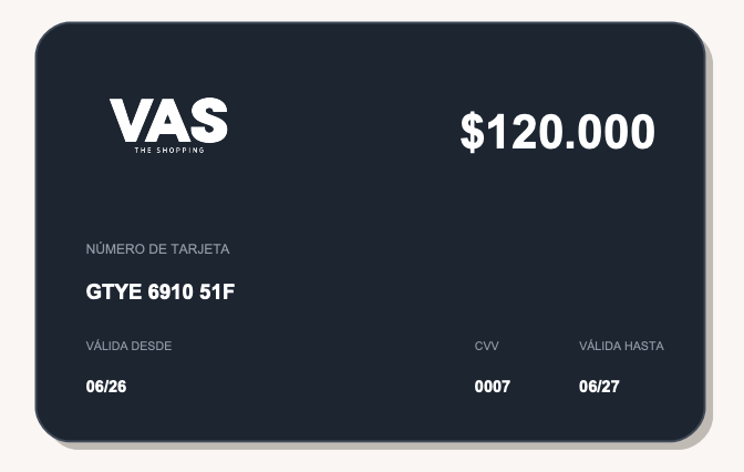Gift card digital de VAS The Shopping creada con Gifty